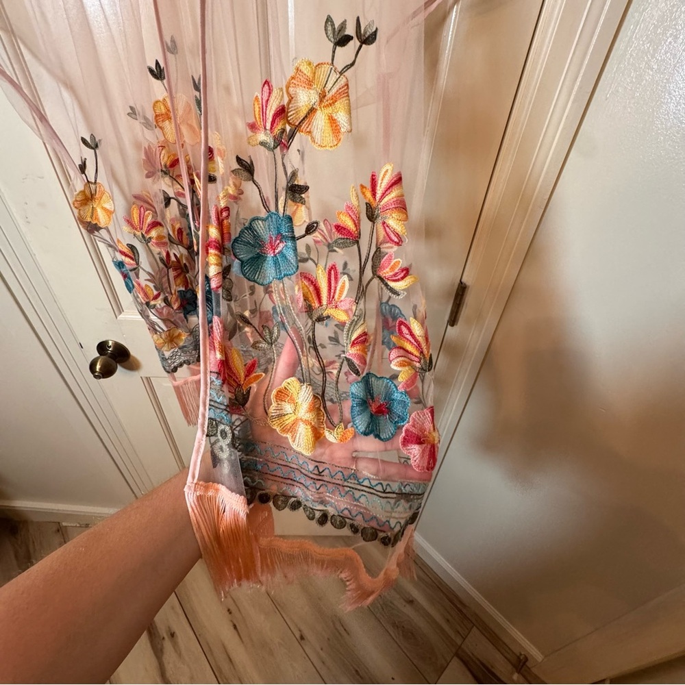 Boho Floral Embroidered Sheer Kimono with Fringe Trim - Picture 2 of 2